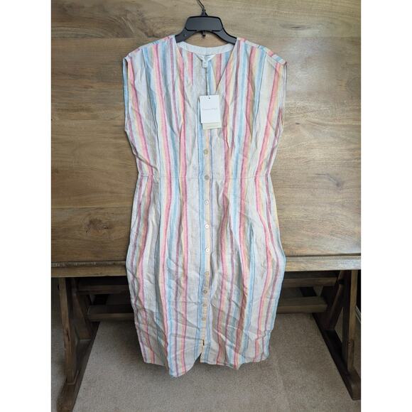 Garnet Hill Shirt Dress Women 6 Light Brown Stripe Linen Sleeveless Button Front - Picture 1 of 4